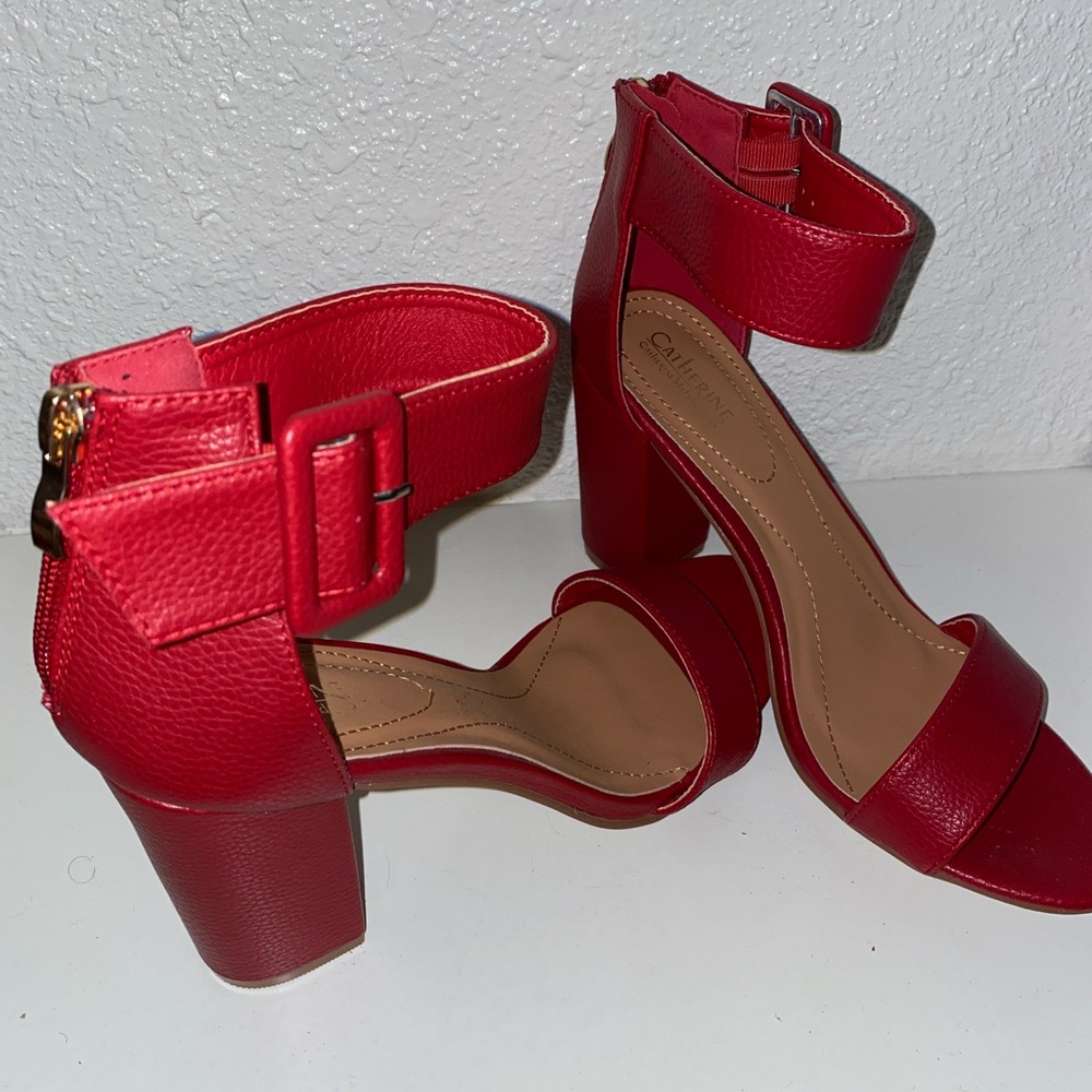 Red single strap open toe heel